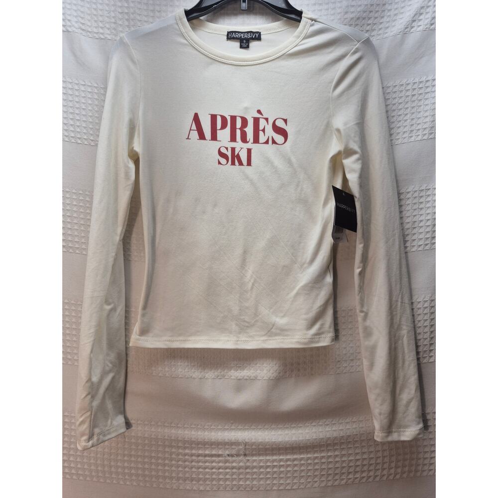 Harper &‎ Ivy T-Shirt Women Sz Small White Long Sleeve Crew Neck Graphic 7289